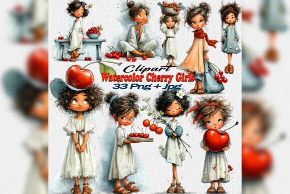 Download Watercolor Cherry Girl Clipart PNG Set - Cherry girl Collection